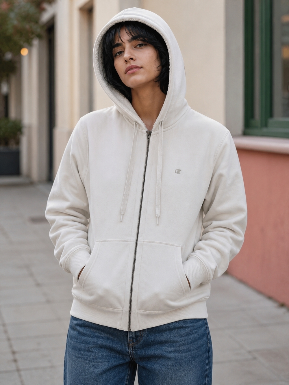Champion🤍 UGC HEAVY Unisex White Zip Hoodie,FLEECE LINED Front Pockets Sz L